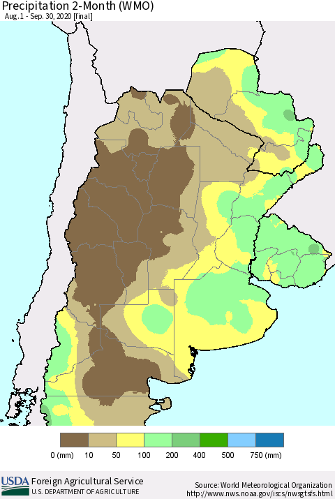 Southern South America Precipitation 2-Month (WMO) Thematic Map For 8/1/2020 - 9/30/2020