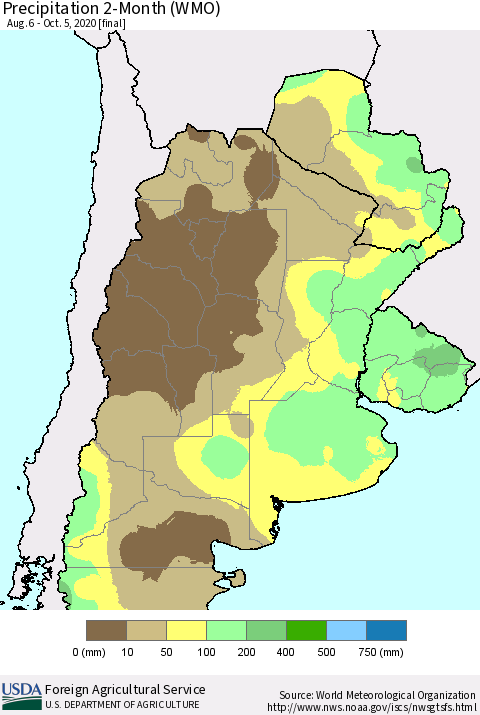 Southern South America Precipitation 2-Month (WMO) Thematic Map For 8/6/2020 - 10/5/2020