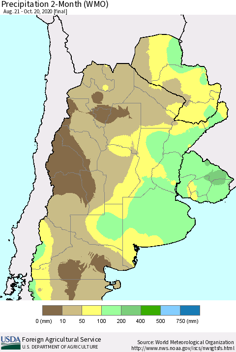 Southern South America Precipitation 2-Month (WMO) Thematic Map For 8/21/2020 - 10/20/2020