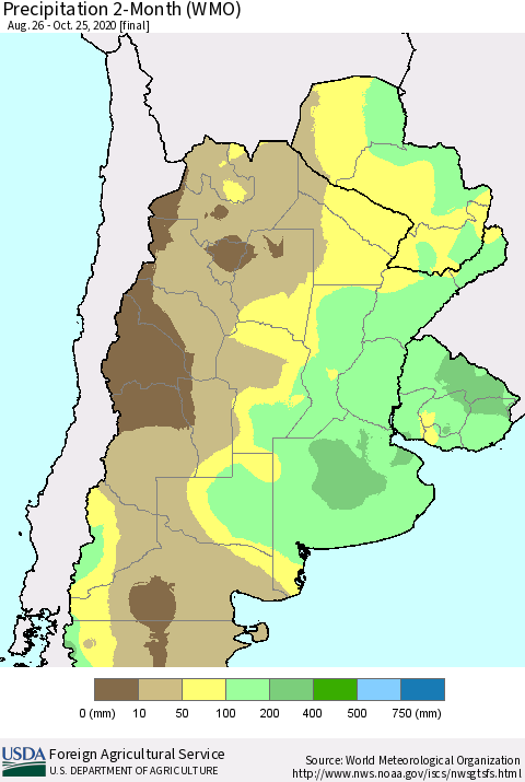 Southern South America Precipitation 2-Month (WMO) Thematic Map For 8/26/2020 - 10/25/2020