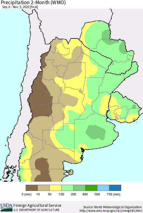 Southern South America Precipitation 2-Month (WMO) Thematic Map For 9/6/2020 - 11/5/2020