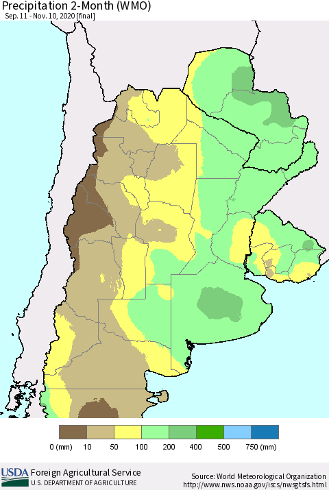 Southern South America Precipitation 2-Month (WMO) Thematic Map For 9/11/2020 - 11/10/2020