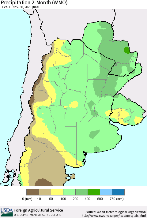Southern South America Precipitation 2-Month (WMO) Thematic Map For 10/1/2020 - 11/30/2020
