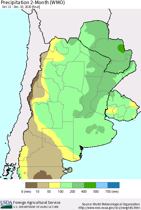 Southern South America Precipitation 2-Month (WMO) Thematic Map For 10/11/2020 - 12/10/2020