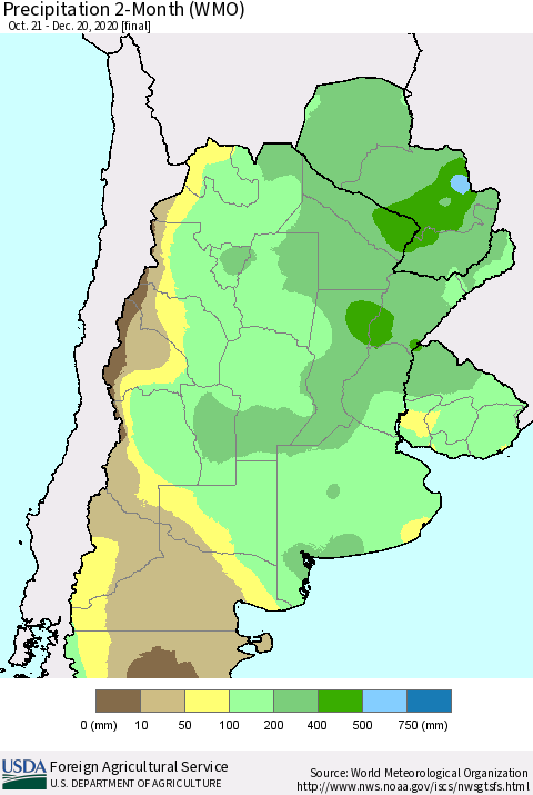Southern South America Precipitation 2-Month (WMO) Thematic Map For 10/21/2020 - 12/20/2020