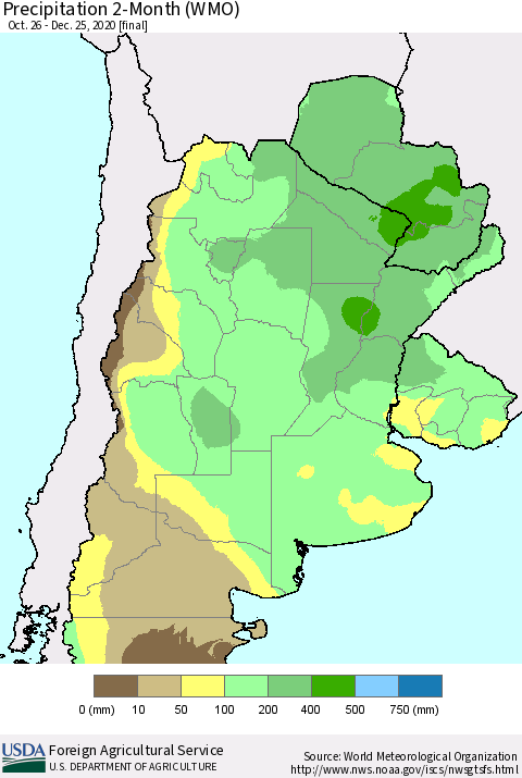 Southern South America Precipitation 2-Month (WMO) Thematic Map For 10/26/2020 - 12/25/2020