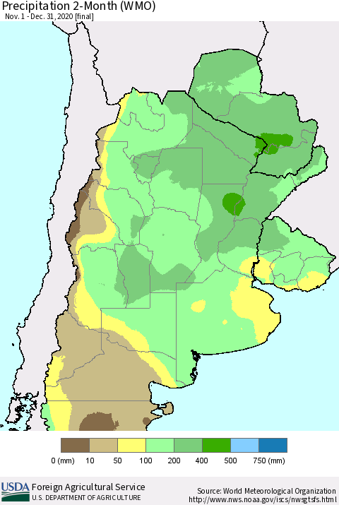 Southern South America Precipitation 2-Month (WMO) Thematic Map For 11/1/2020 - 12/31/2020