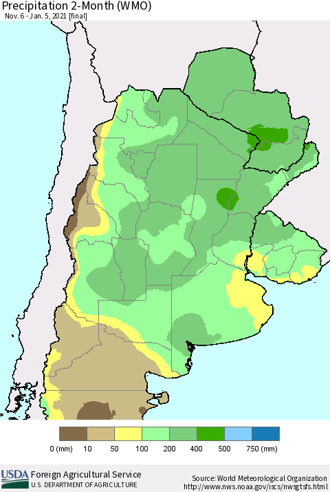 Southern South America Precipitation 2-Month (WMO) Thematic Map For 11/6/2020 - 1/5/2021