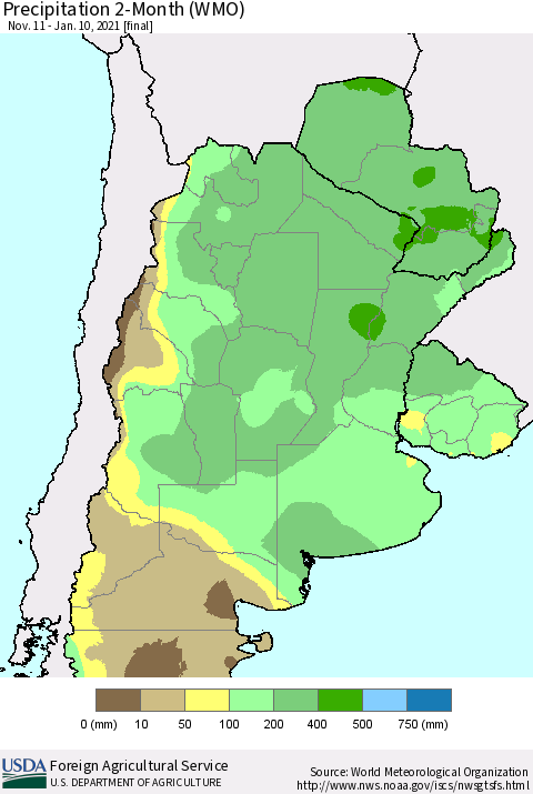Southern South America Precipitation 2-Month (WMO) Thematic Map For 11/11/2020 - 1/10/2021