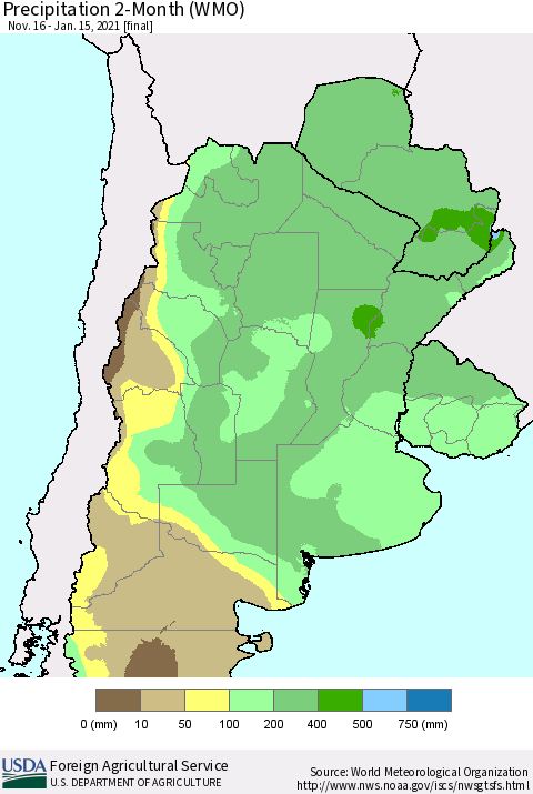 Southern South America Precipitation 2-Month (WMO) Thematic Map For 11/16/2020 - 1/15/2021