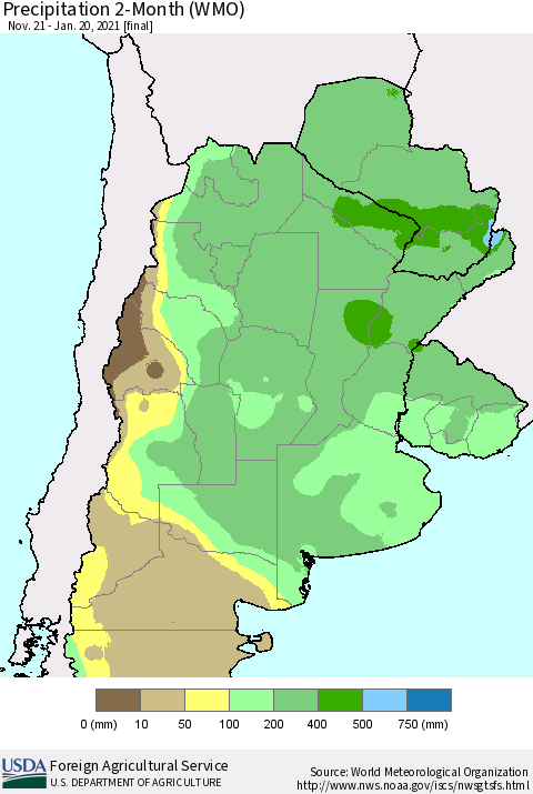 Southern South America Precipitation 2-Month (WMO) Thematic Map For 11/21/2020 - 1/20/2021