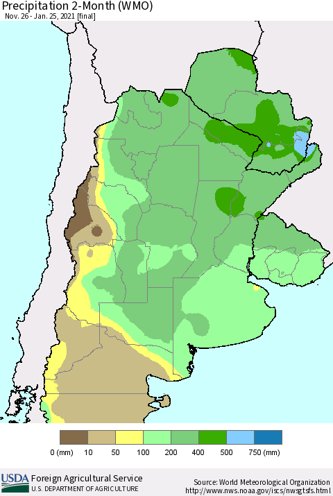 Southern South America Precipitation 2-Month (WMO) Thematic Map For 11/26/2020 - 1/25/2021