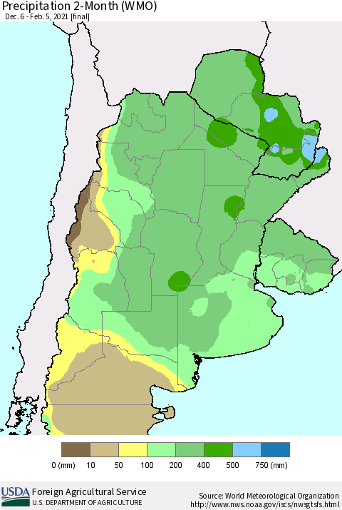 Southern South America Precipitation 2-Month (WMO) Thematic Map For 12/6/2020 - 2/5/2021