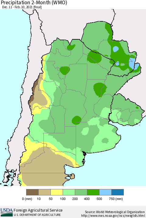 Southern South America Precipitation 2-Month (WMO) Thematic Map For 12/11/2020 - 2/10/2021