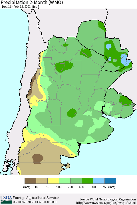 Southern South America Precipitation 2-Month (WMO) Thematic Map For 12/16/2020 - 2/15/2021