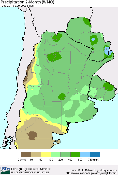 Southern South America Precipitation 2-Month (WMO) Thematic Map For 12/21/2020 - 2/20/2021