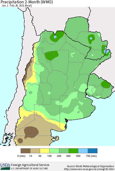 Southern South America Precipitation 2-Month (WMO) Thematic Map For 1/1/2021 - 2/28/2021