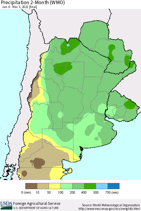 Southern South America Precipitation 2-Month (WMO) Thematic Map For 1/6/2021 - 3/5/2021