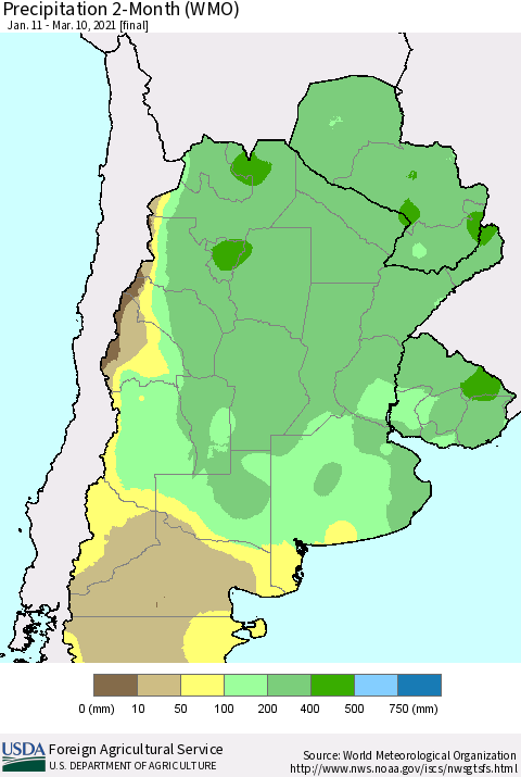Southern South America Precipitation 2-Month (WMO) Thematic Map For 1/11/2021 - 3/10/2021