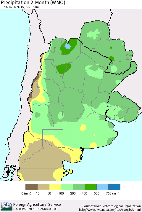 Southern South America Precipitation 2-Month (WMO) Thematic Map For 1/16/2021 - 3/15/2021