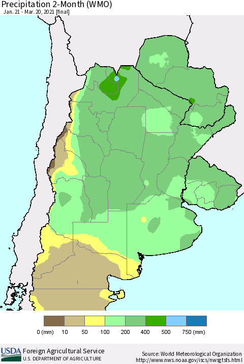 Southern South America Precipitation 2-Month (WMO) Thematic Map For 1/21/2021 - 3/20/2021