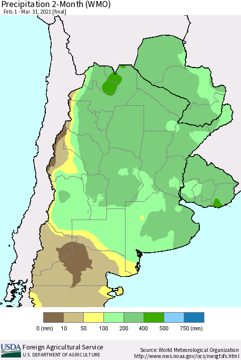 Southern South America Precipitation 2-Month (WMO) Thematic Map For 2/1/2021 - 3/31/2021