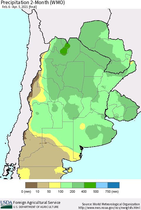 Southern South America Precipitation 2-Month (WMO) Thematic Map For 2/6/2021 - 4/5/2021