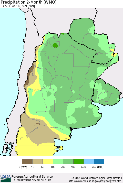 Southern South America Precipitation 2-Month (WMO) Thematic Map For 2/11/2021 - 4/10/2021