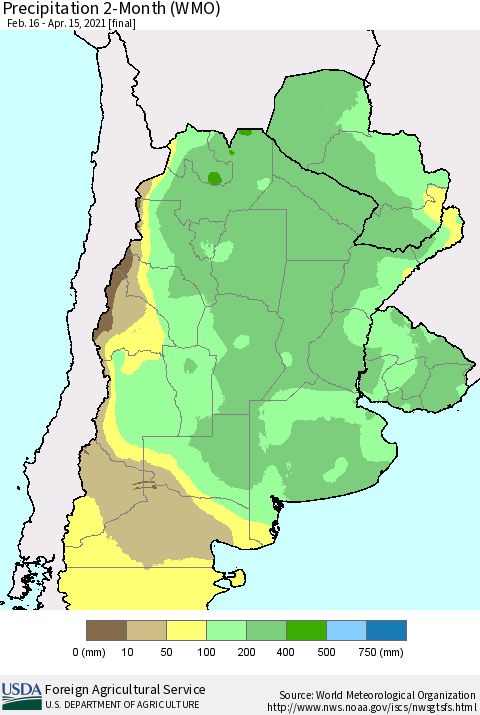 Southern South America Precipitation 2-Month (WMO) Thematic Map For 2/16/2021 - 4/15/2021