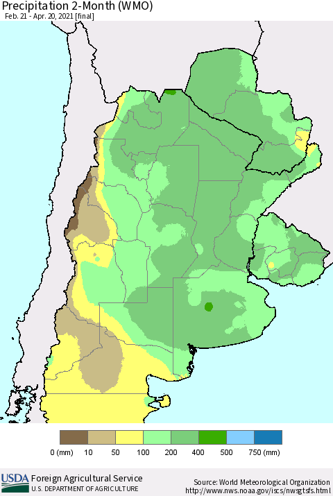 Southern South America Precipitation 2-Month (WMO) Thematic Map For 2/21/2021 - 4/20/2021