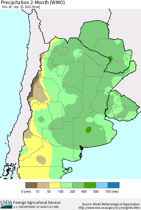 Southern South America Precipitation 2-Month (WMO) Thematic Map For 2/26/2021 - 4/25/2021