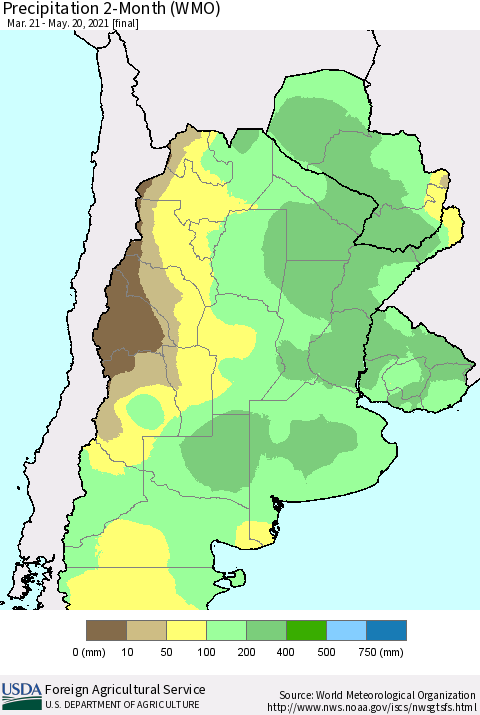 Southern South America Precipitation 2-Month (WMO) Thematic Map For 3/21/2021 - 5/20/2021