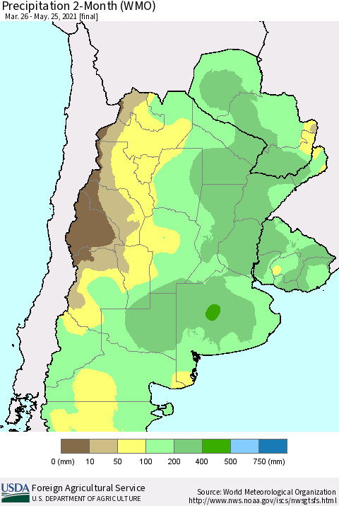 Southern South America Precipitation 2-Month (WMO) Thematic Map For 3/26/2021 - 5/25/2021