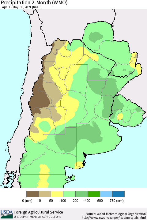Southern South America Precipitation 2-Month (WMO) Thematic Map For 4/1/2021 - 5/31/2021