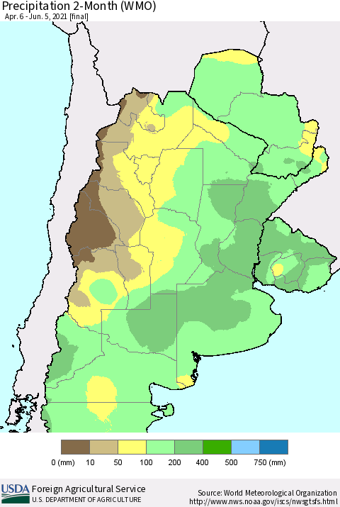 Southern South America Precipitation 2-Month (WMO) Thematic Map For 4/6/2021 - 6/5/2021