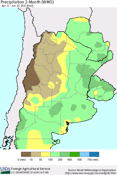 Southern South America Precipitation 2-Month (WMO) Thematic Map For 4/11/2021 - 6/10/2021