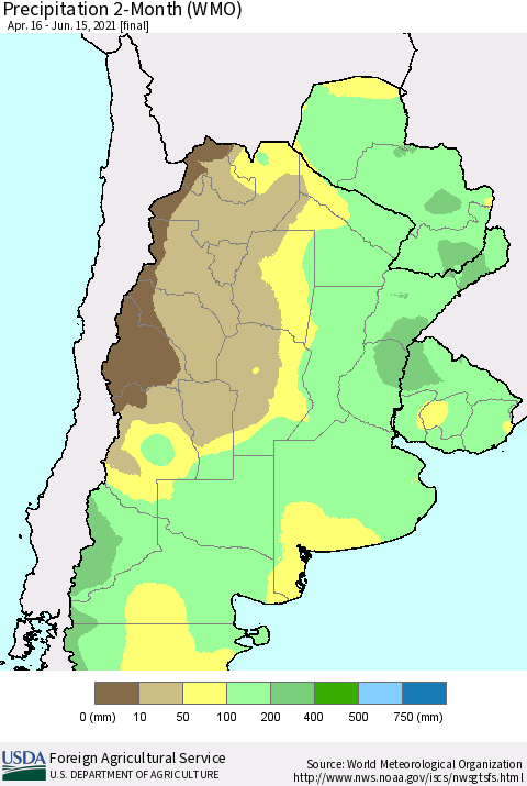 Southern South America Precipitation 2-Month (WMO) Thematic Map For 4/16/2021 - 6/15/2021