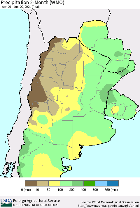Southern South America Precipitation 2-Month (WMO) Thematic Map For 4/21/2021 - 6/20/2021