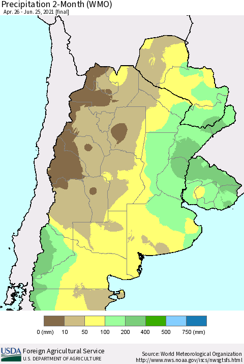 Southern South America Precipitation 2-Month (WMO) Thematic Map For 4/26/2021 - 6/25/2021