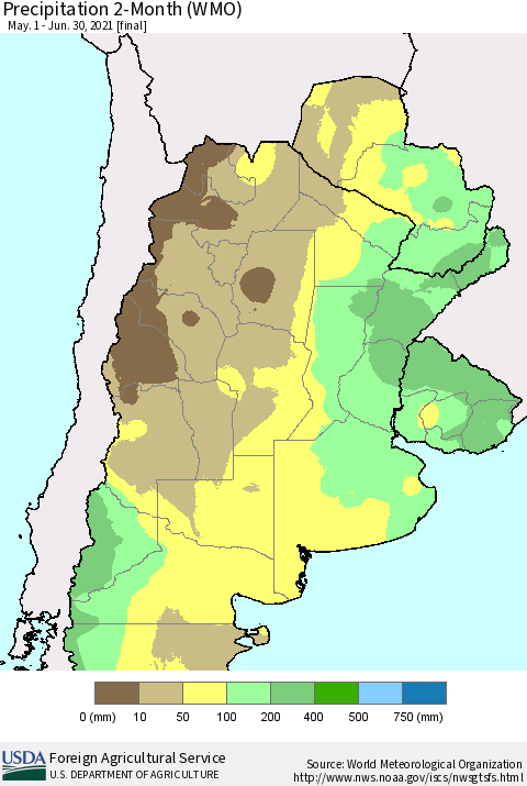 Southern South America Precipitation 2-Month (WMO) Thematic Map For 5/1/2021 - 6/30/2021