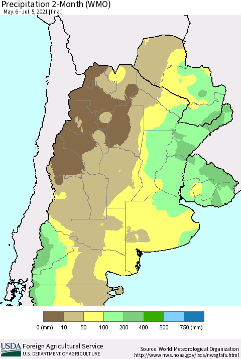 Southern South America Precipitation 2-Month (WMO) Thematic Map For 5/6/2021 - 7/5/2021