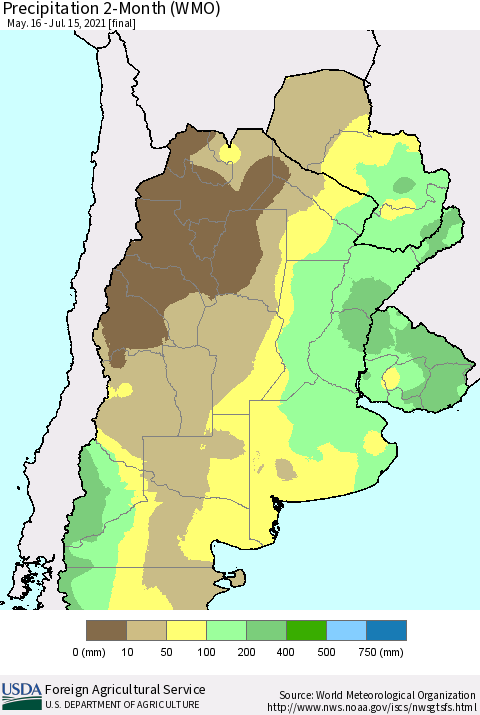 Southern South America Precipitation 2-Month (WMO) Thematic Map For 5/16/2021 - 7/15/2021