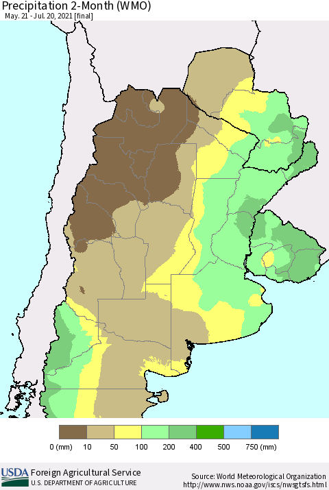 Southern South America Precipitation 2-Month (WMO) Thematic Map For 5/21/2021 - 7/20/2021