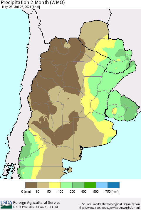Southern South America Precipitation 2-Month (WMO) Thematic Map For 5/26/2021 - 7/25/2021