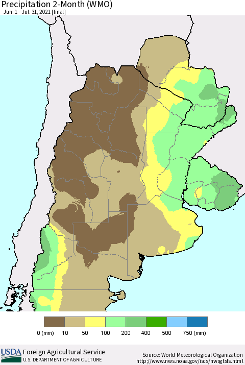 Southern South America Precipitation 2-Month (WMO) Thematic Map For 6/1/2021 - 7/31/2021