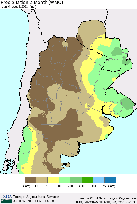 Southern South America Precipitation 2-Month (WMO) Thematic Map For 6/6/2021 - 8/5/2021