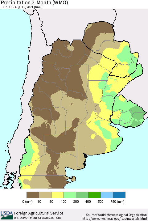 Southern South America Precipitation 2-Month (WMO) Thematic Map For 6/16/2021 - 8/15/2021