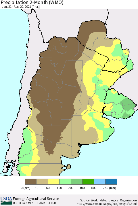 Southern South America Precipitation 2-Month (WMO) Thematic Map For 6/21/2021 - 8/20/2021