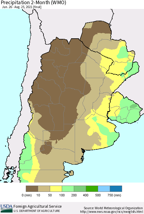 Southern South America Precipitation 2-Month (WMO) Thematic Map For 6/26/2021 - 8/25/2021