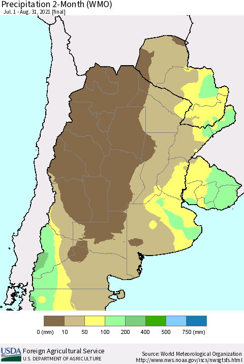 Southern South America Precipitation 2-Month (WMO) Thematic Map For 7/1/2021 - 8/31/2021